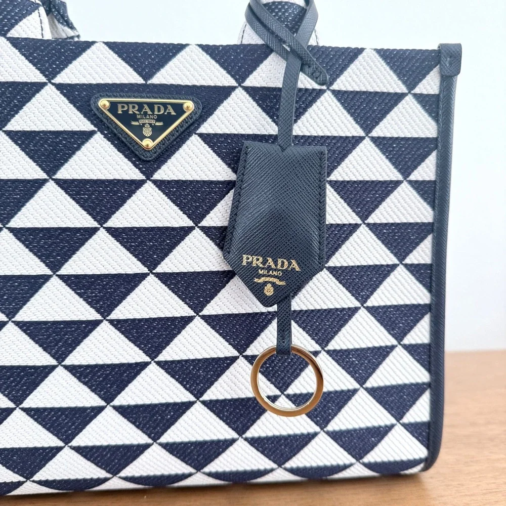 Prada Milano 1BA354 Symbole Jacquard Tote Blue White Triangle Pattern Bag Italy